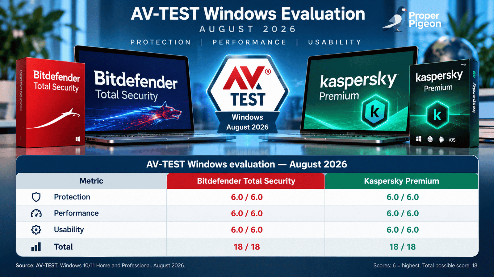 Bitdefender Total Security vs Kaspersky Premium: AV-TEST Windows evaluation, August 2026, showing both products with 18 out of 18 points.