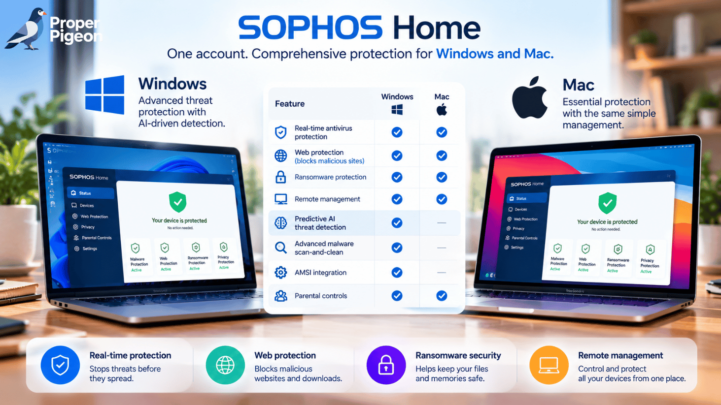 Sophos Home Windows and Mac comparison showing shared web, ransomware, and remote protection and Windows-specific AI detection
