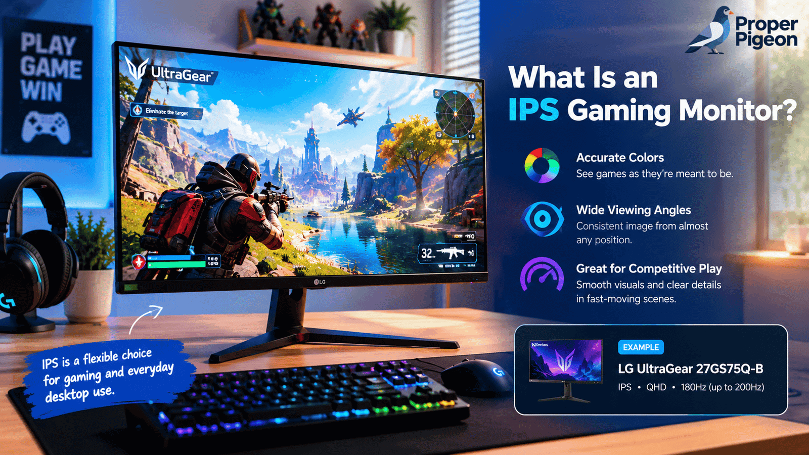 LG UltraGear 27GS75Q-B IPS gaming monitor displaying a colorful game in a bright desk setup