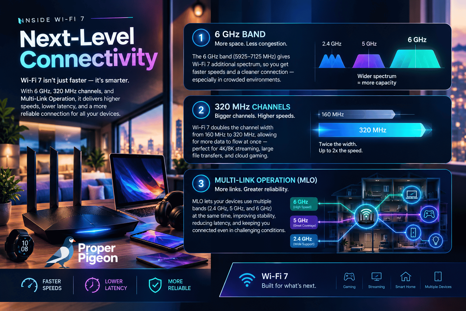 Inside WiFi 7 technology showing 6 GHz, 320 MHz channels and MLO capabilities